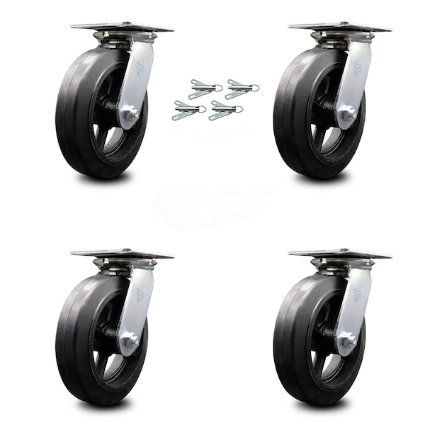 8 Inch Rubber on Steel Caster Set with Ball Bearings and Swivel Locks SCC